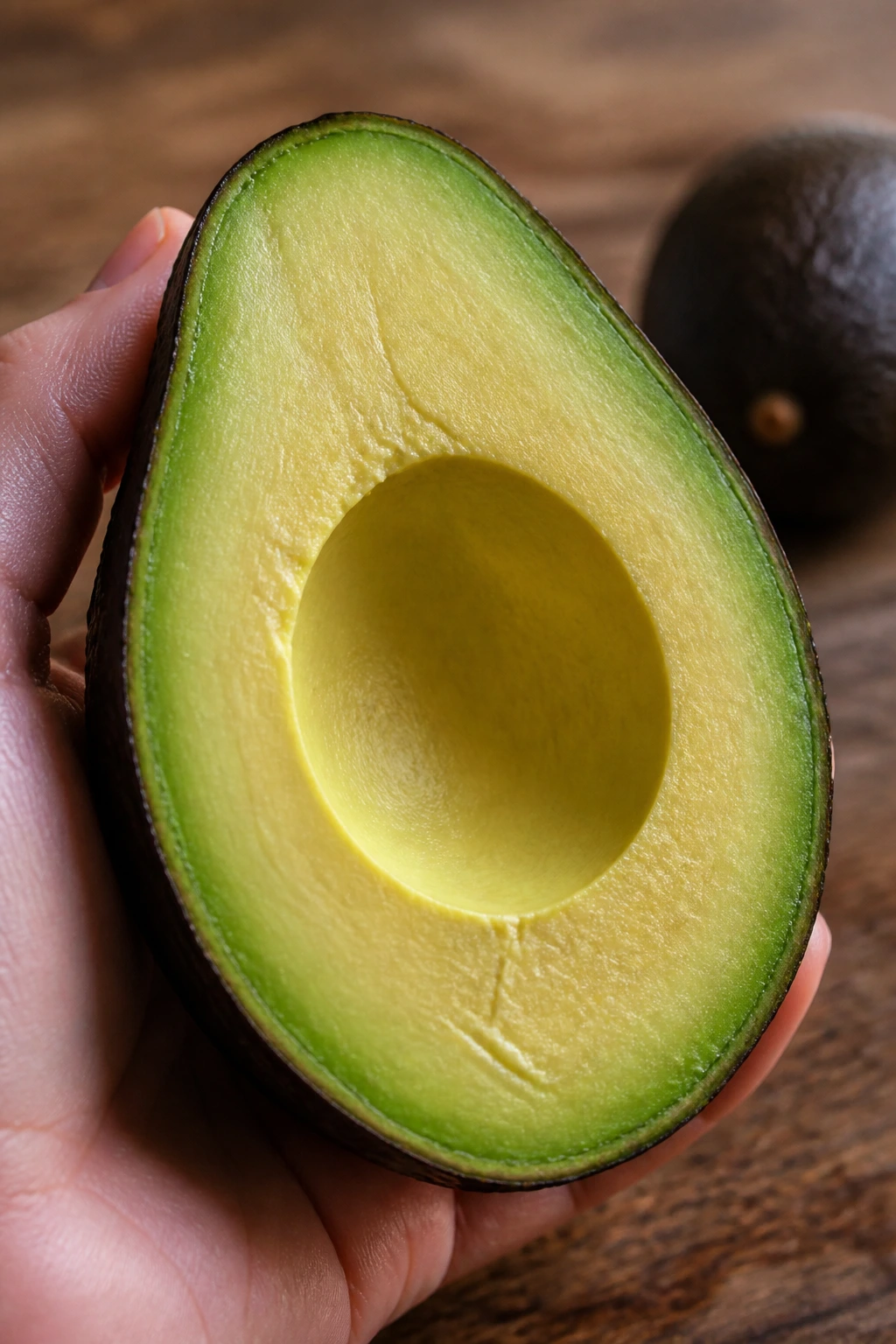 Close-up of halved avocado with bright green flesh in hand