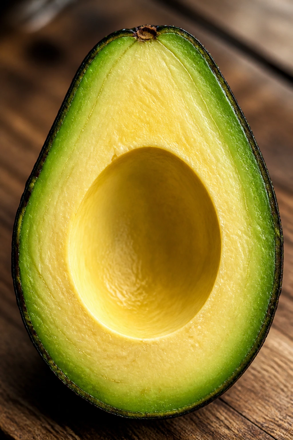 Close-up of a ripe avocado half with vibrant green flesh on a wooden counter