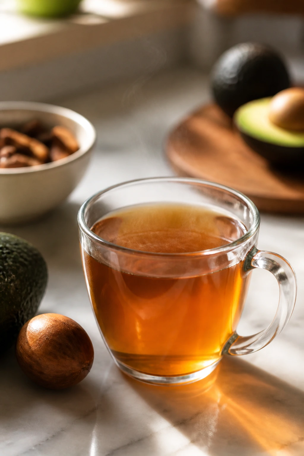 Cup of avocado seed tea on a bright kitchen counter