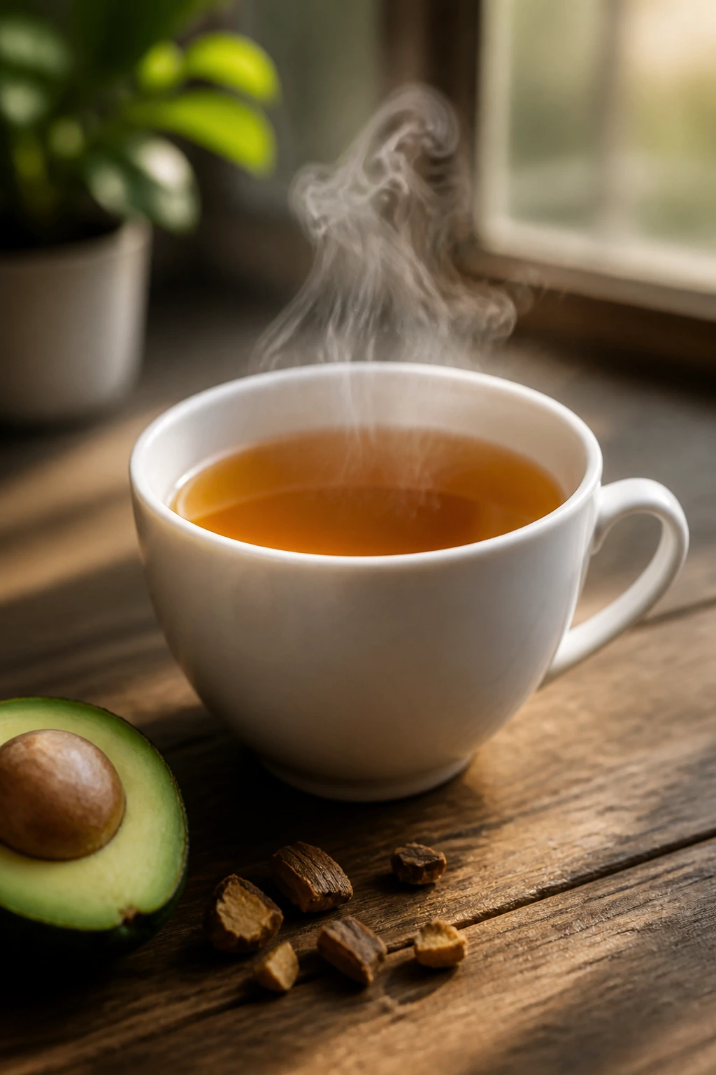 Close-up of a steaming cup of avocado seed tea in a sunlit kitchen