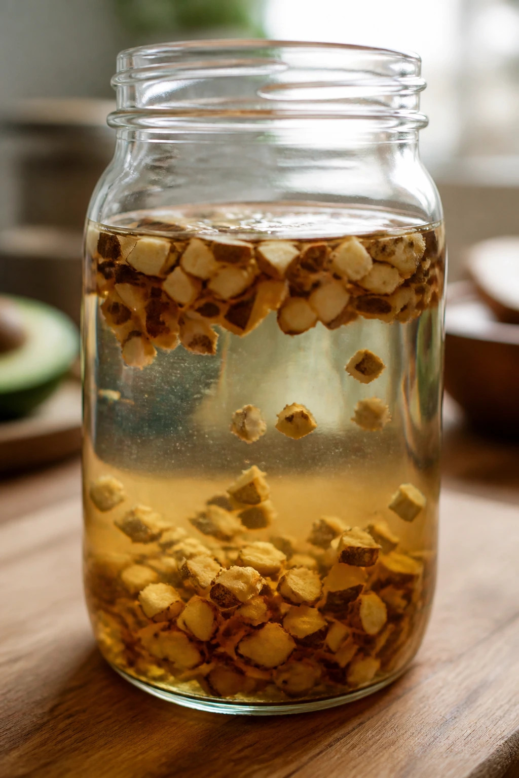 Glass jar steeping avocado seed pieces in water on a kitchen counter