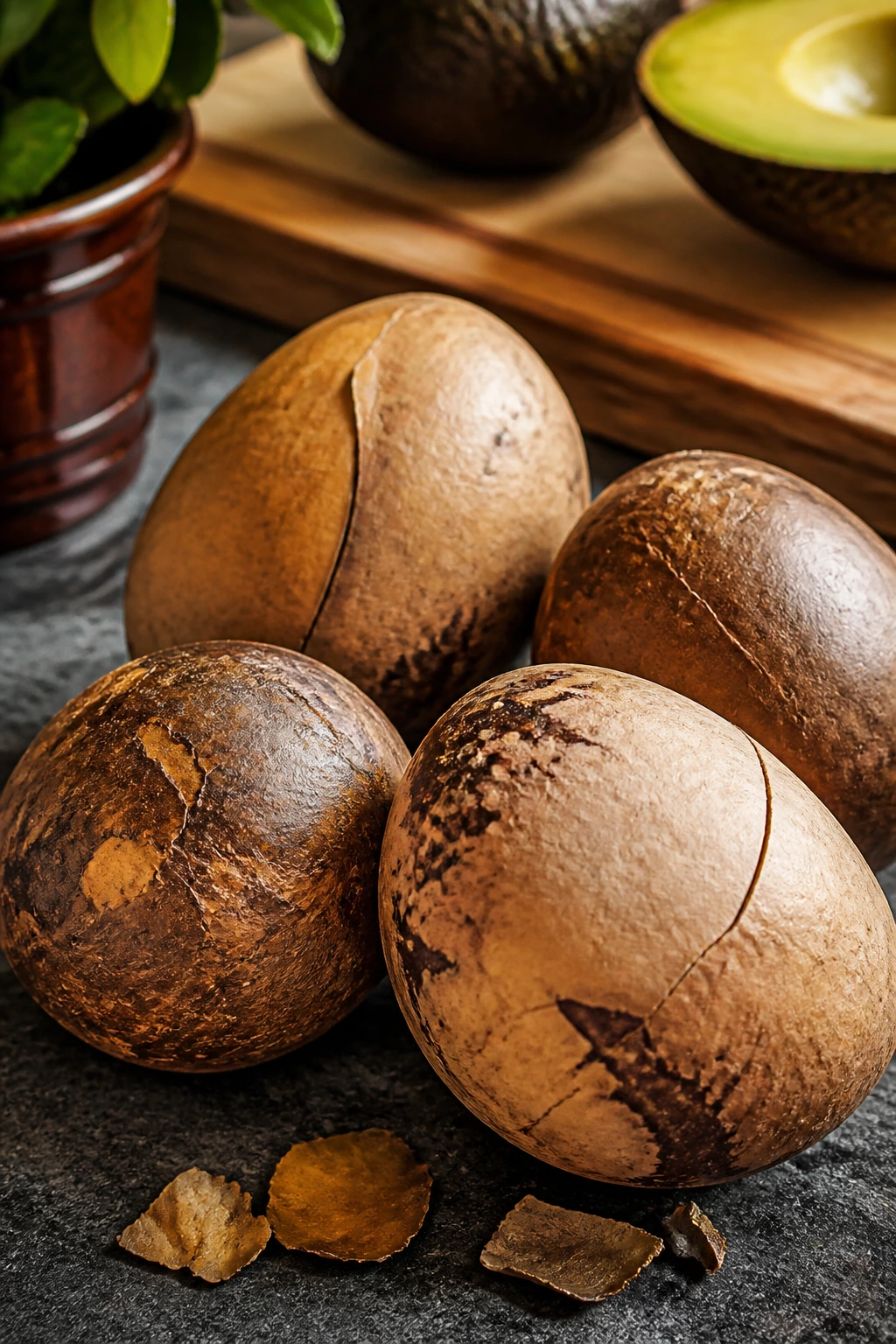 Close-up of avocado seeds on a rustic kitchen counter