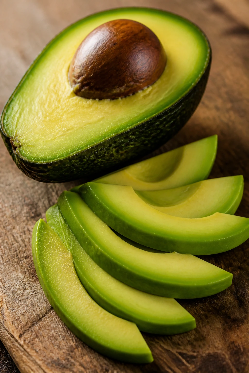 Close-up of avocado halves and slices on wood board