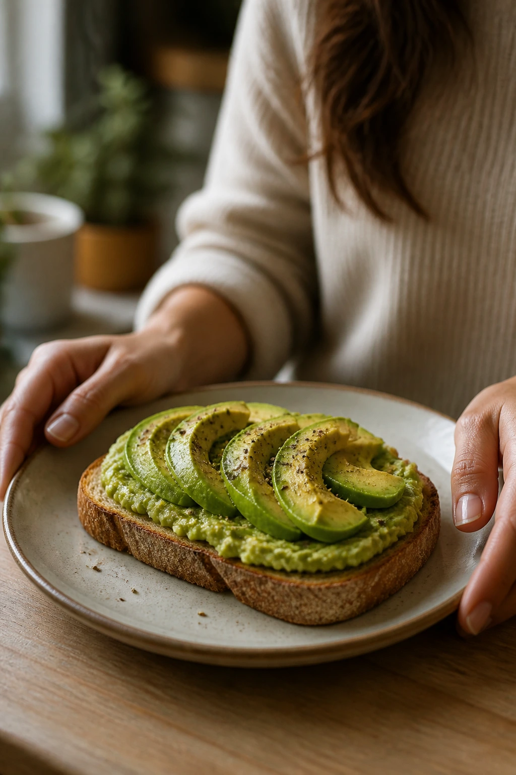 Plate of avocado toast in a cozy kitchen, foreground avocado toast dominates frame