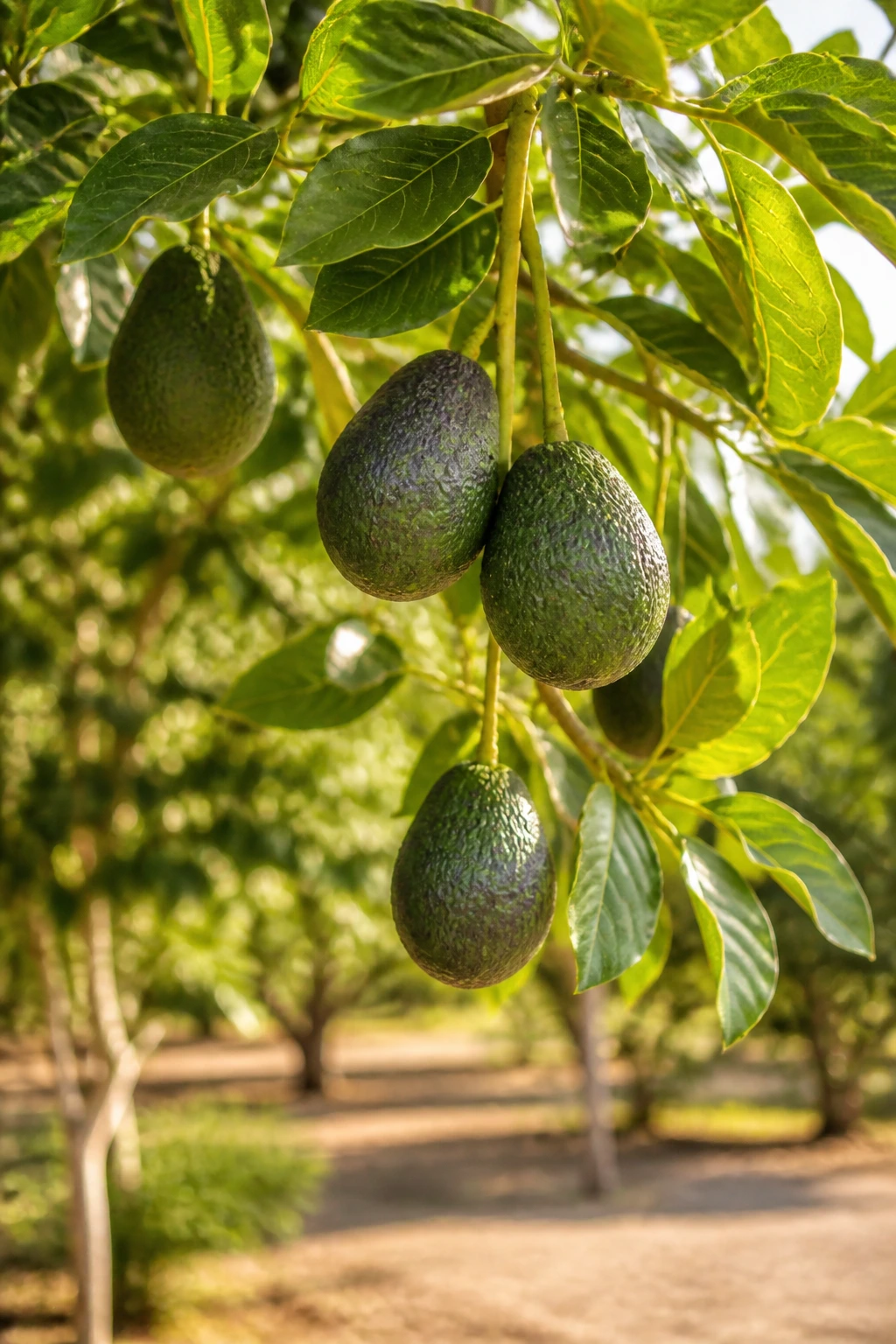 Close-up of an avocado tree branch with Hass avocados in a sunlit Zone 9 backyard