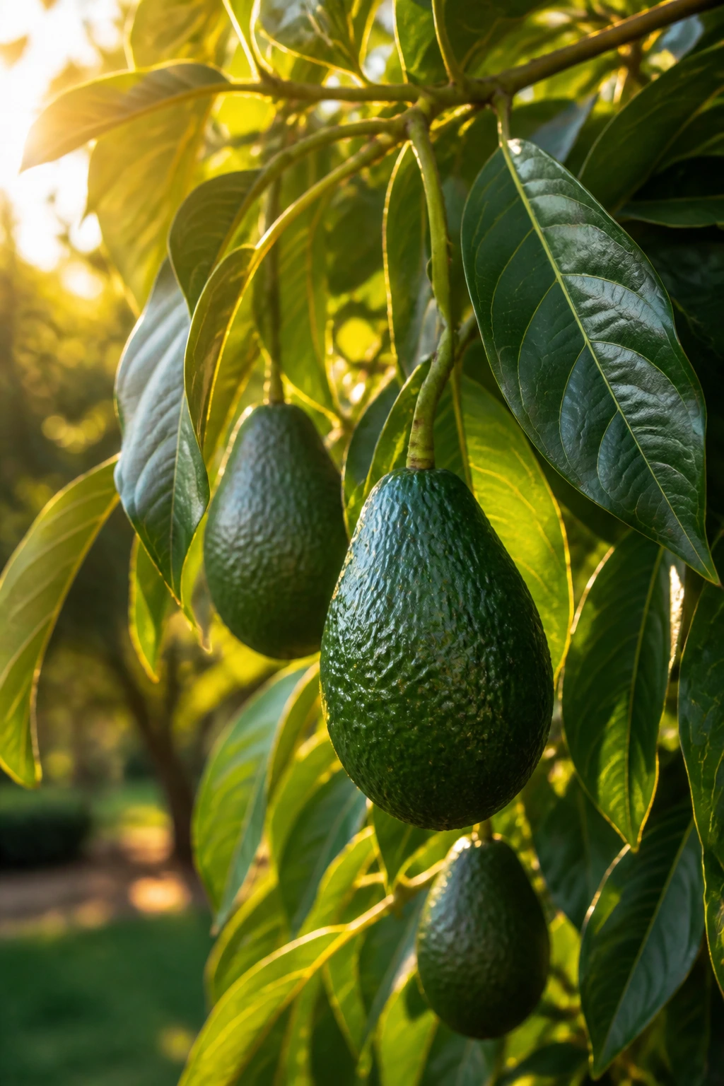 How To Make Avocado Tree Bear Fruit Faster (Complete Guide) 9 Close-up of a healthy avocado tree branch with leaves and fruit in a sunlit garden