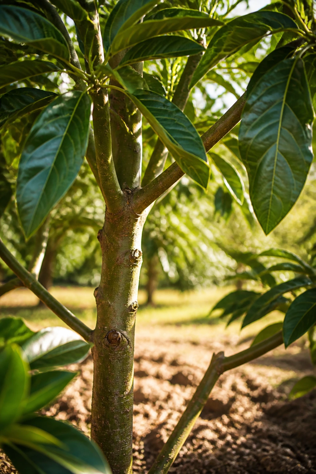 How To Make Avocado Tree Bear Fruit Faster (Complete Guide) 3 Close-up of avocado tree trunk with dense glossy leaves in a sunlit orchard