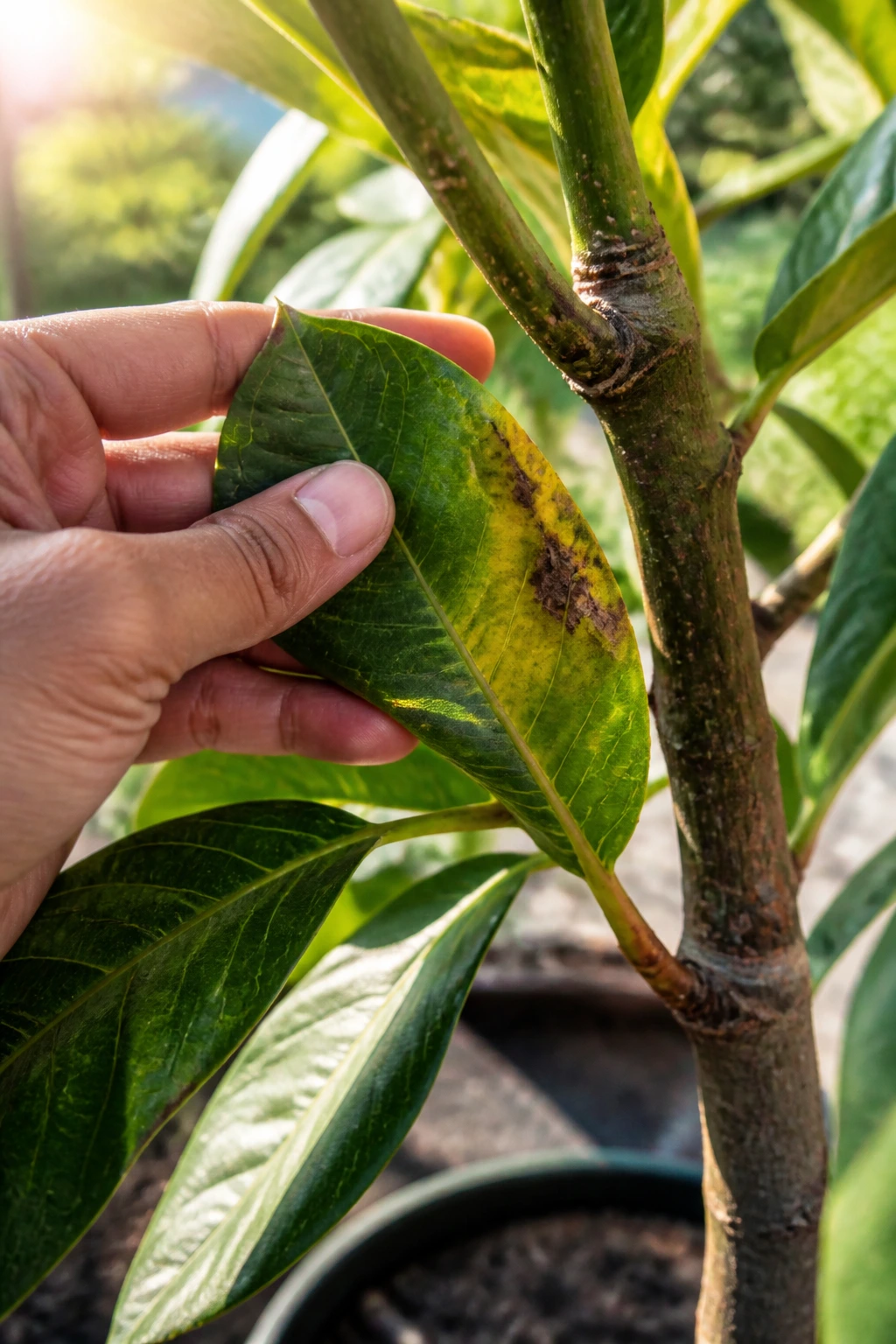 How To Make Avocado Tree Bear Fruit Faster (Complete Guide) 8 Gardener inspecting avocado tree leaf for problems in a sunny garden