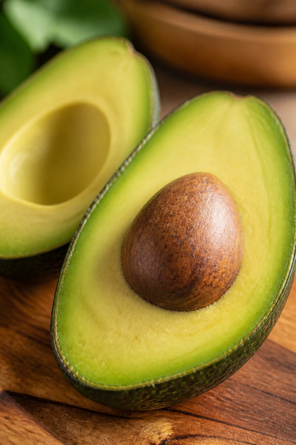 Is Avocado A Tropical Fruit? All You Need To Know 2 Halved avocado showing bright green flesh on a wooden board.