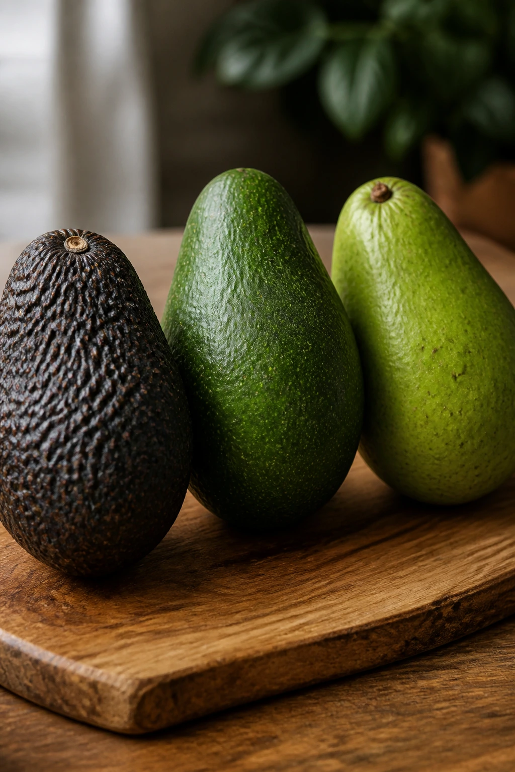 Avocado Vs Mango: The Ultimate Comparison 8 Three avocado varieties Hass Fuerte Reed on a board