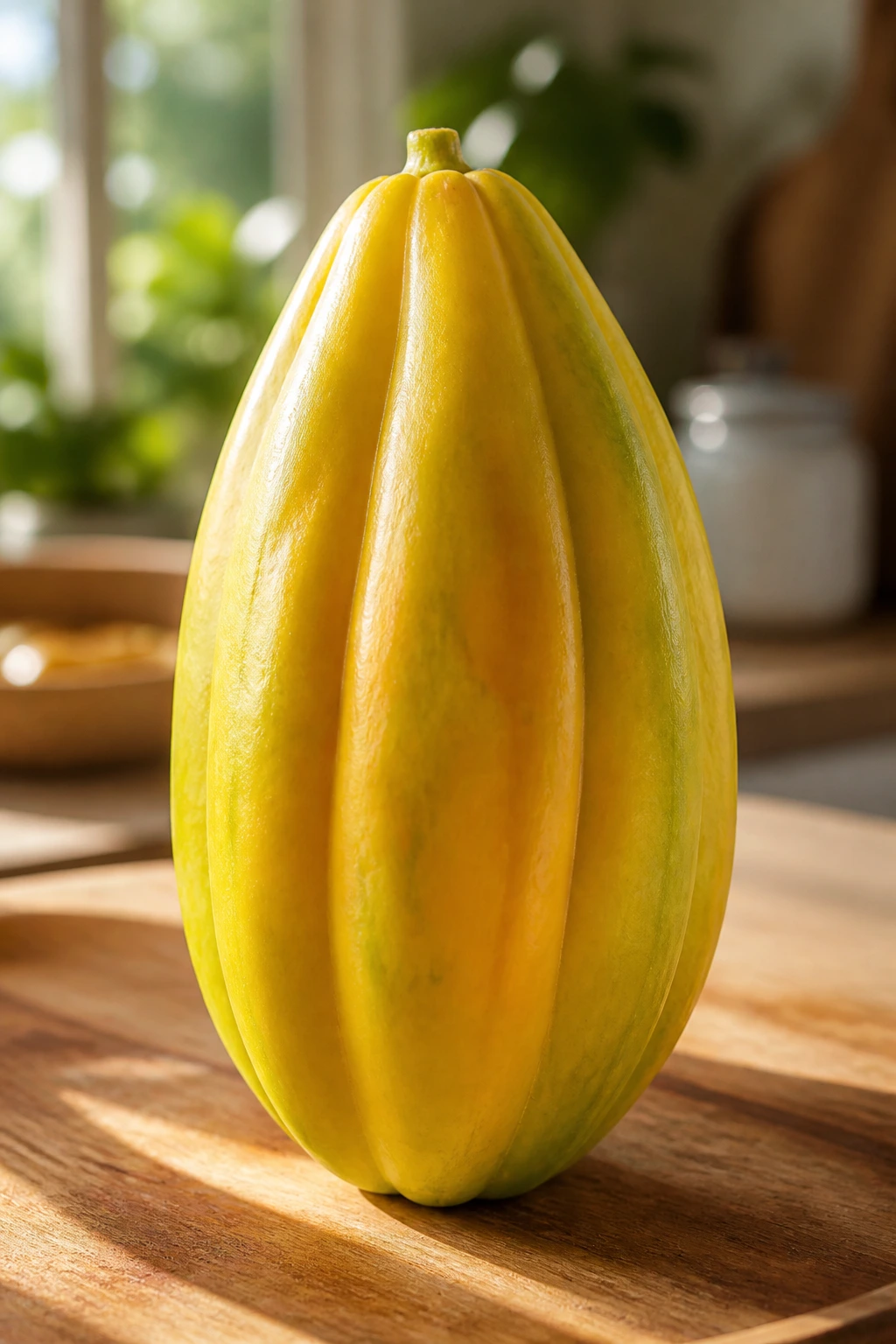 Babaco Fruit:Â Nutrition Facts, Health Benefits, And More 9 Close-up of a fresh babaco fruit on a cutting board in a sunlit kitchen