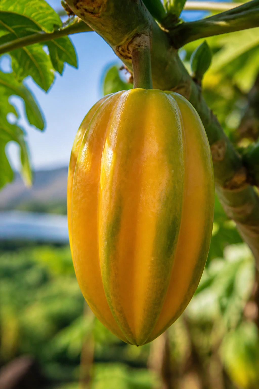 Babaco Fruit:Â Nutrition Facts, Health Benefits, And More 7 Ripening babaco fruit on branch in sunny orchard