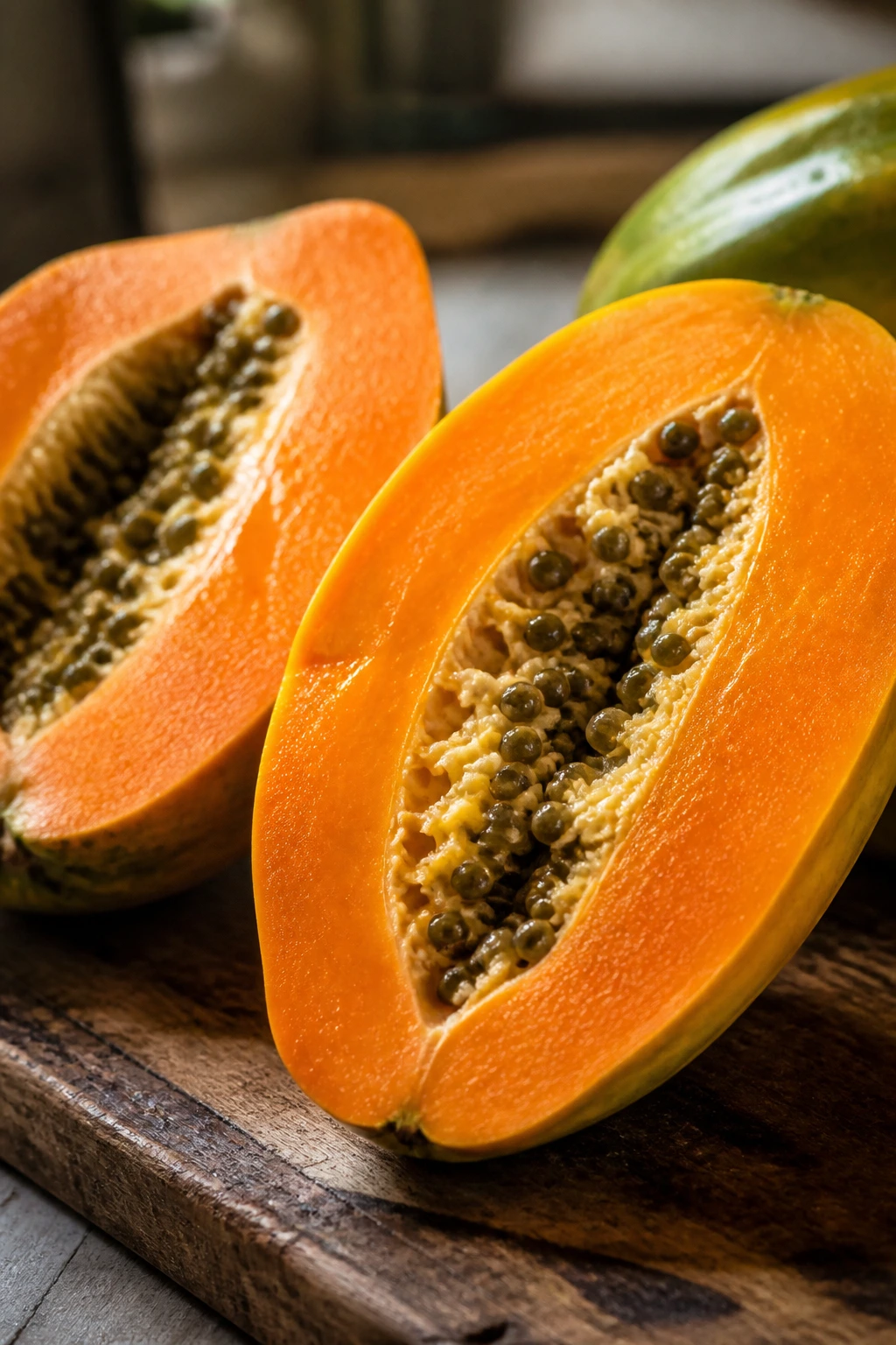 Babaco Fruit:Â Nutrition Facts, Health Benefits, And More 10 Halved babaco fruit showing orange flesh on a wooden table