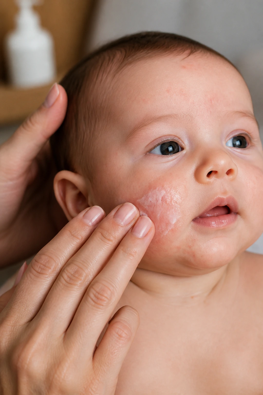 The Ultimate Guide to Using Coconut Oil for Baby Acne 3 Parent massaging coconut oil onto baby’s cheek in home setting