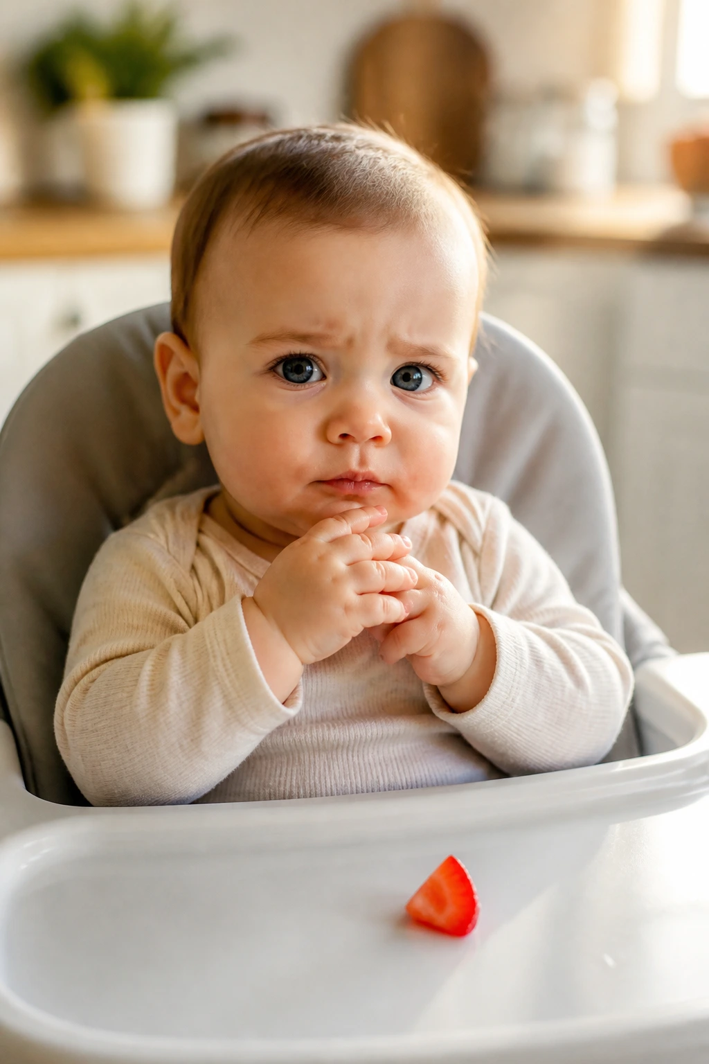 What Are The Benefits of Strawberry for Babies? & The Risk? 7 Close-up of a baby in a high chair with a strawberry piece on the tray