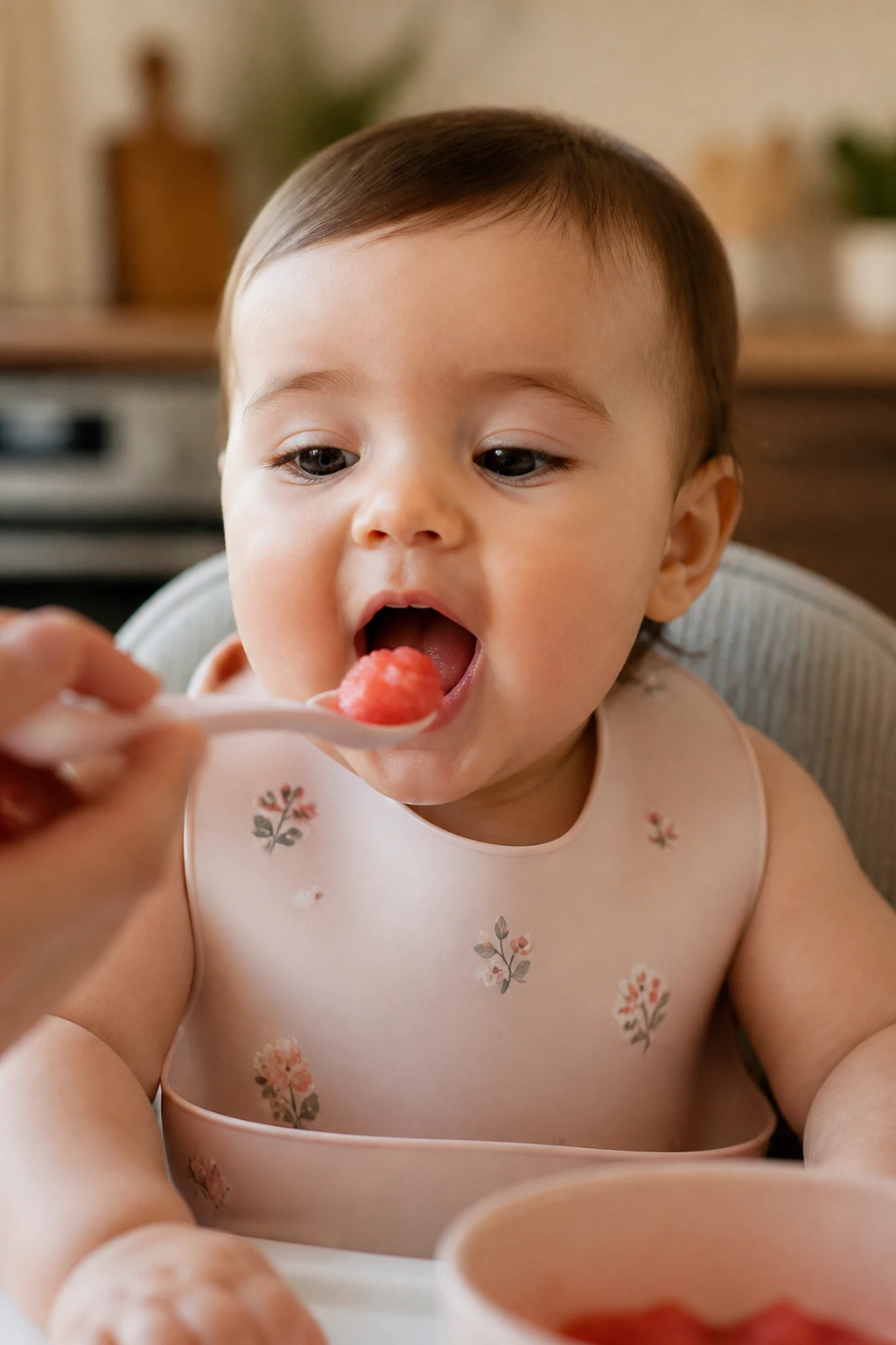 Tiny spoon with mashed watermelon ready to feed a baby.