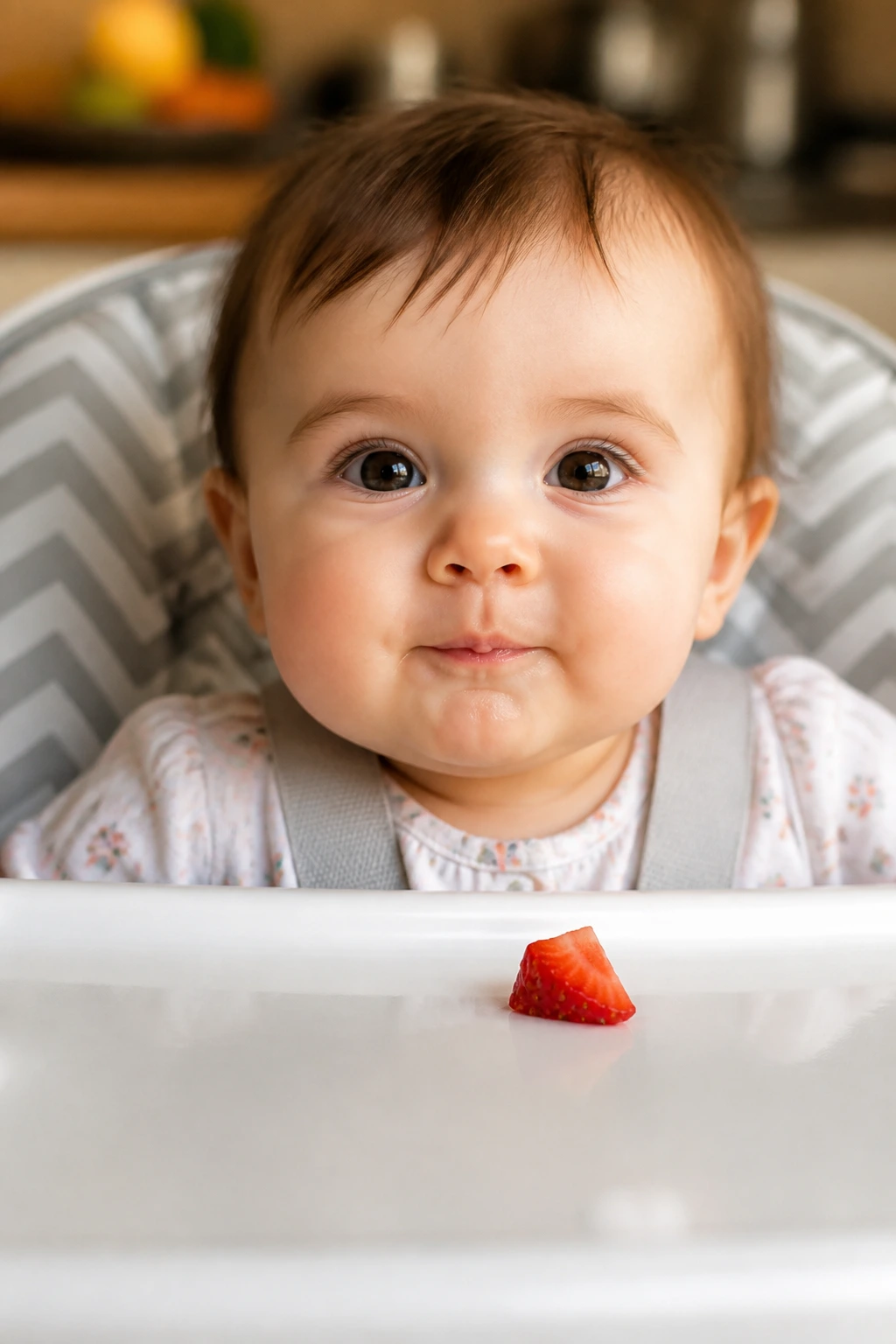 What Are The Benefits of Strawberry for Babies? & The Risk? 5 Close-up baby portrait in high chair with soft kitchen light