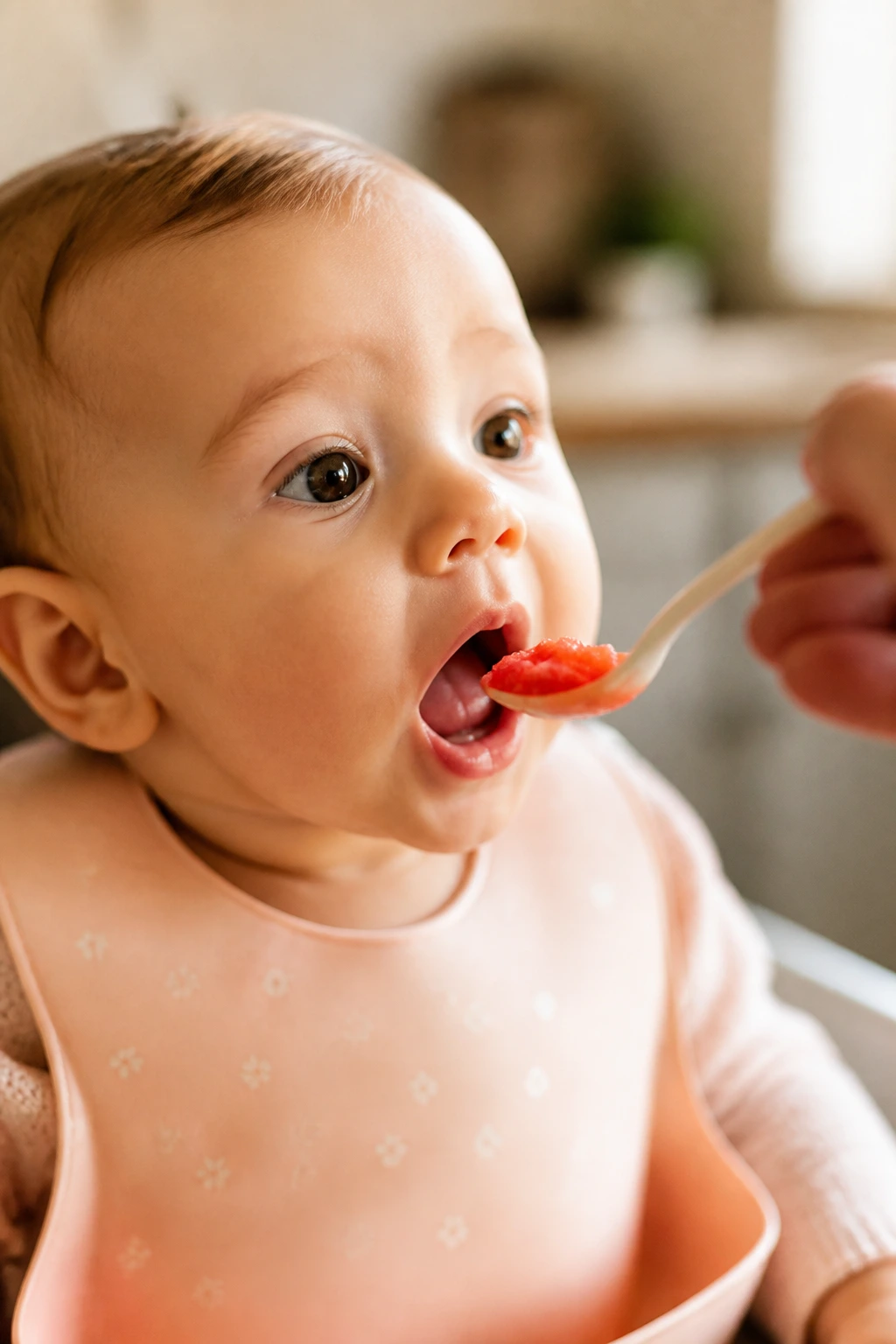Baby about to taste mashed watermelon, illustrating introduction timing.