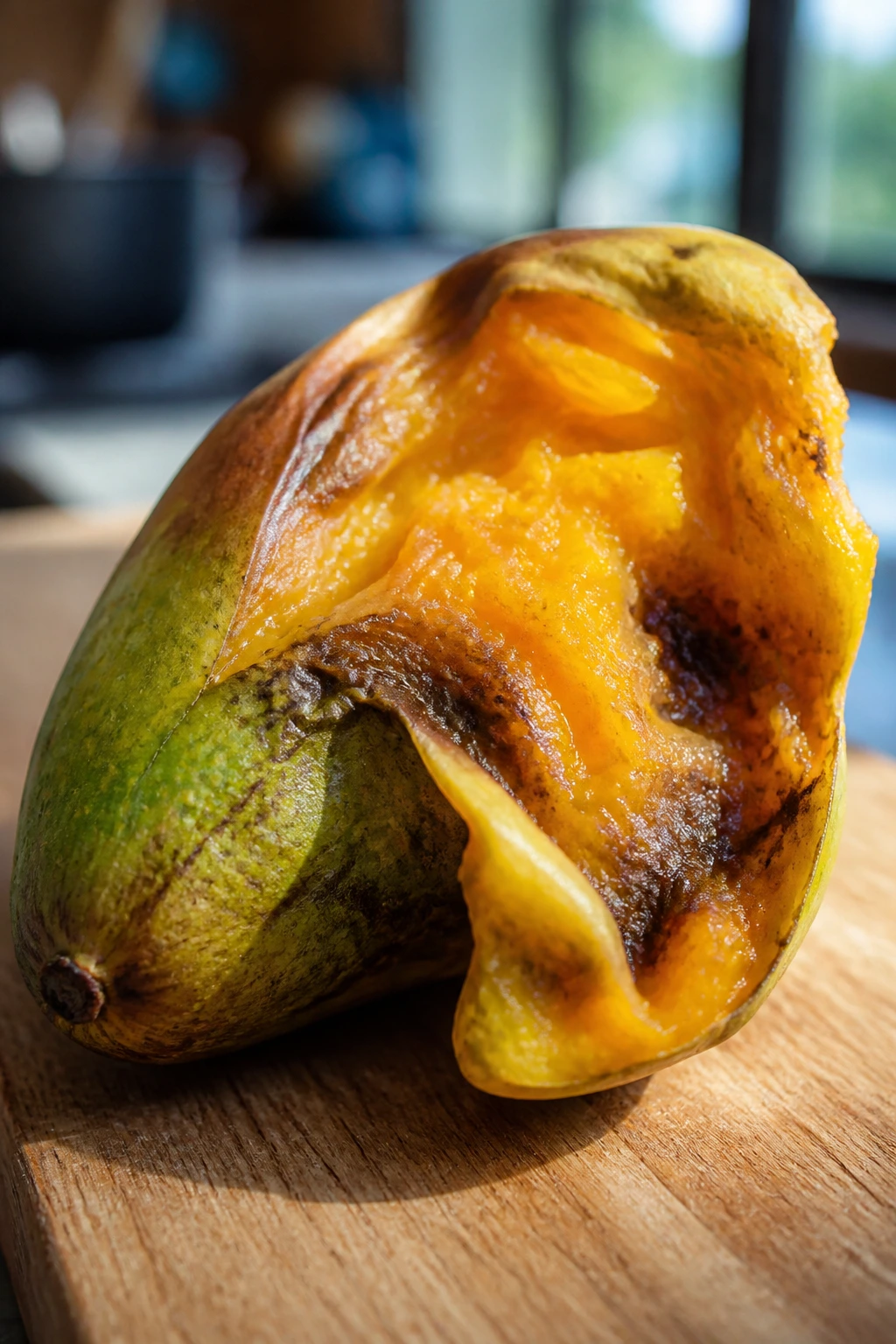 Partially peeled bad mango on a wooden surface