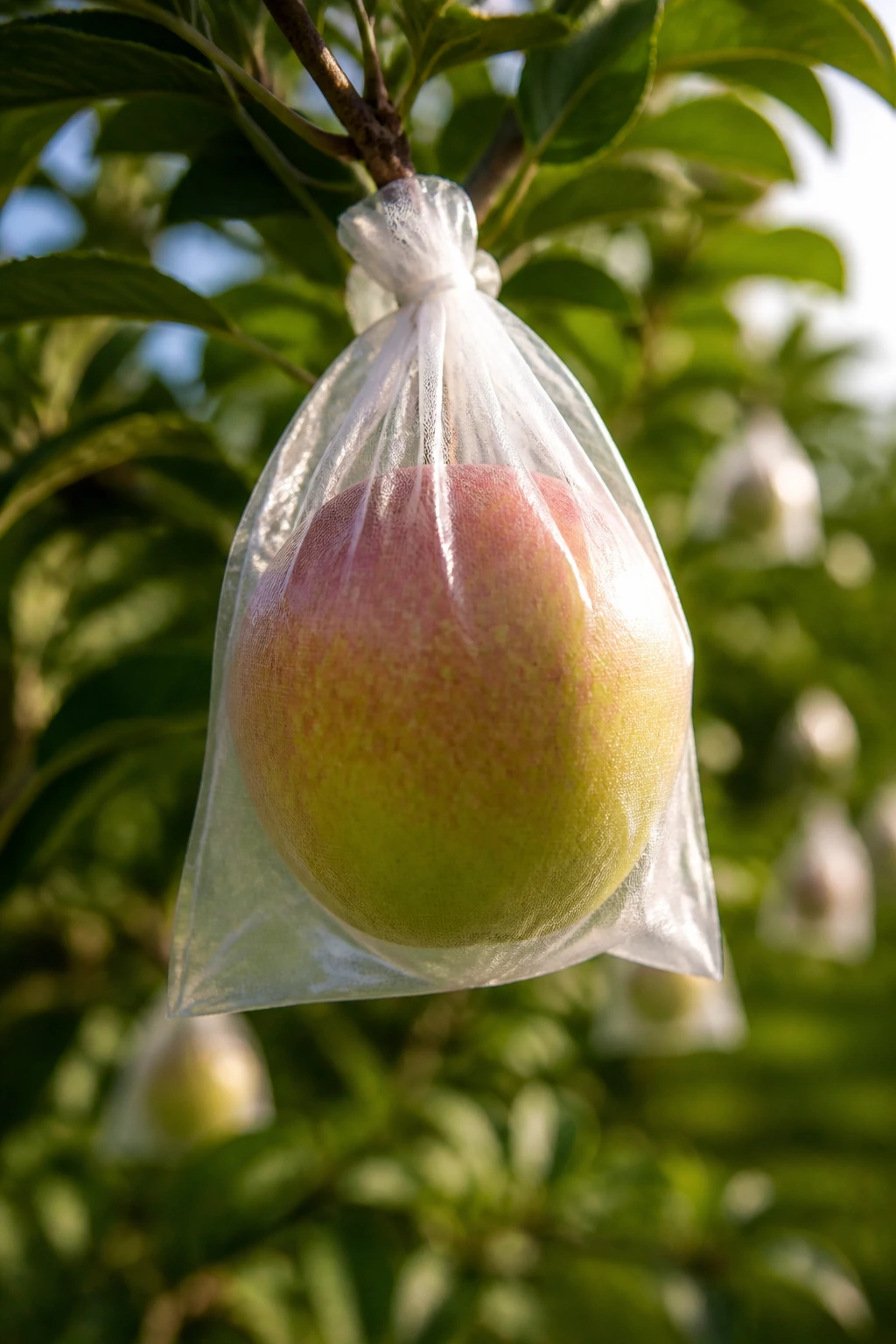 Fruit inside a protective bag on a branch