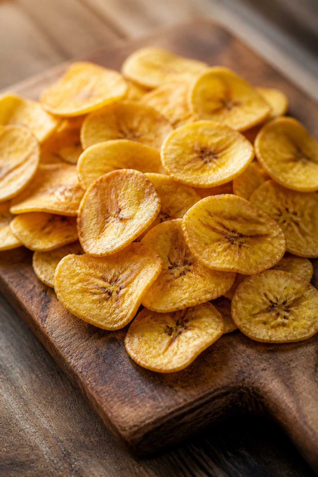 Are Baked Plantain Chips Healthy? 1 Close-up of crispy baked plantain chips on a wooden board
