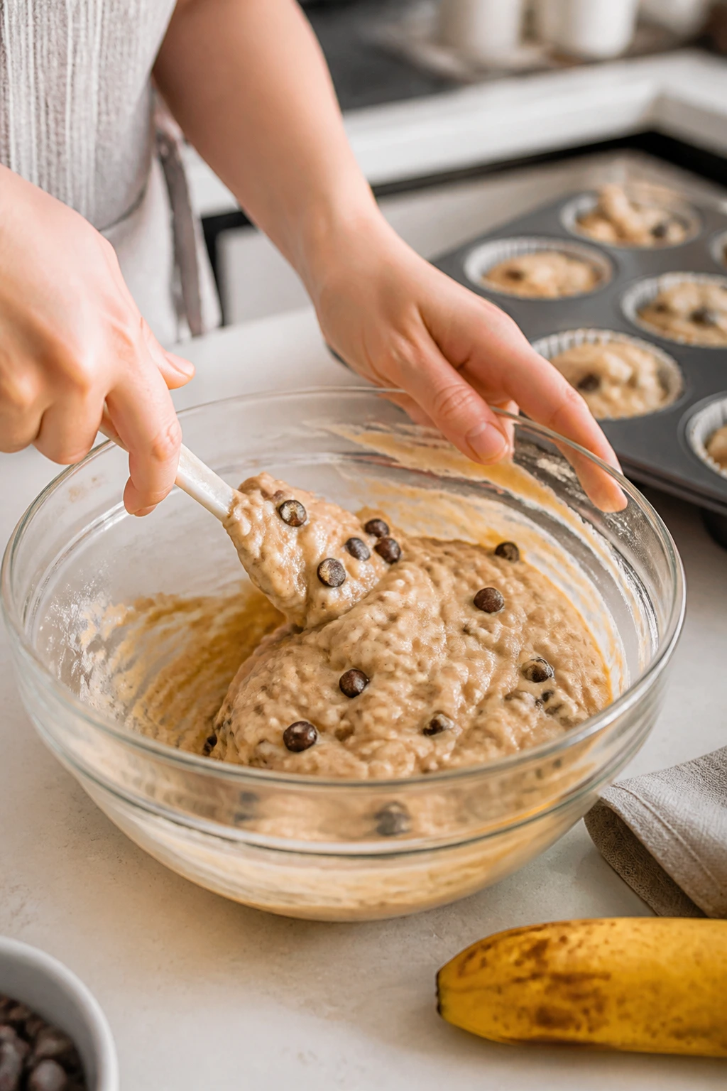 How To Make Gluten-Free Banana Chocolate Chip Muffins 2 Hands mixing muffin batter in bright kitchen