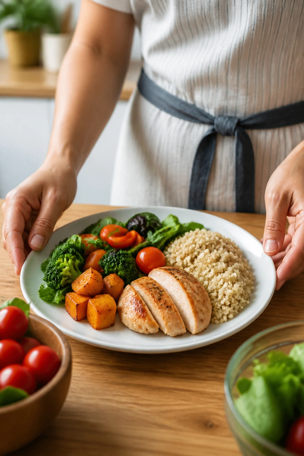 Realistic hands arranging a balanced plate of foods on a table