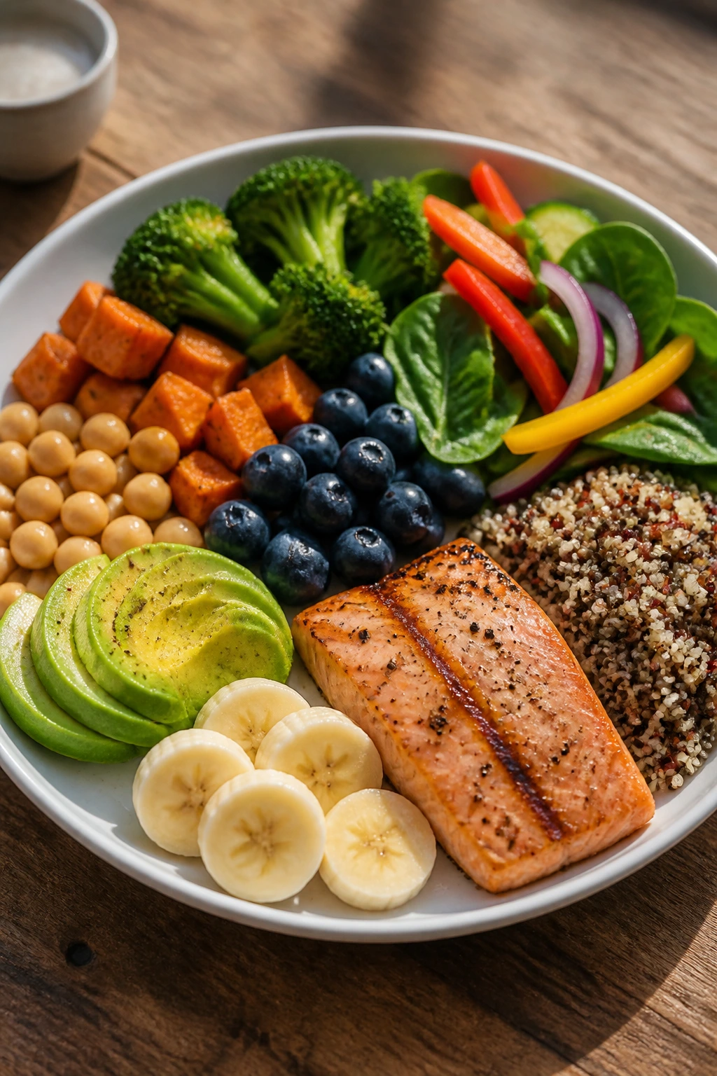 Plate showing a balanced variety of foods for a healthy diet