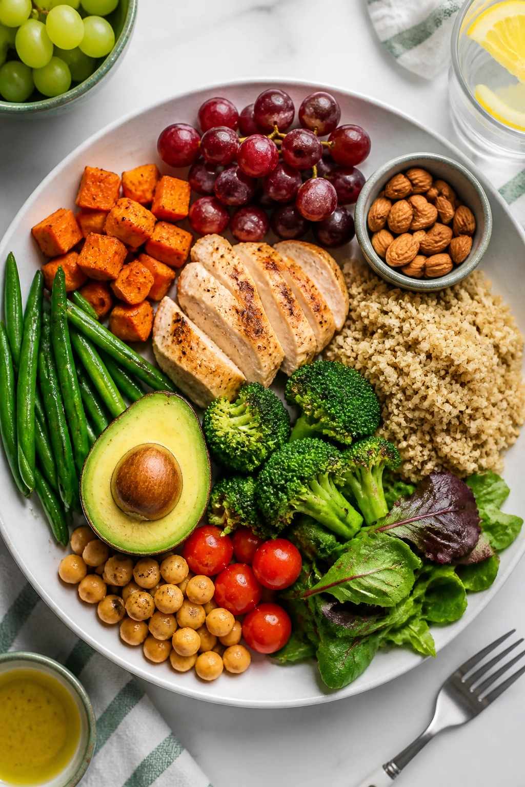 Can You Eat Grapes At Night During Pregnancy? 5 Colorful plate showing a balanced diet with vegetables, grains, and protein