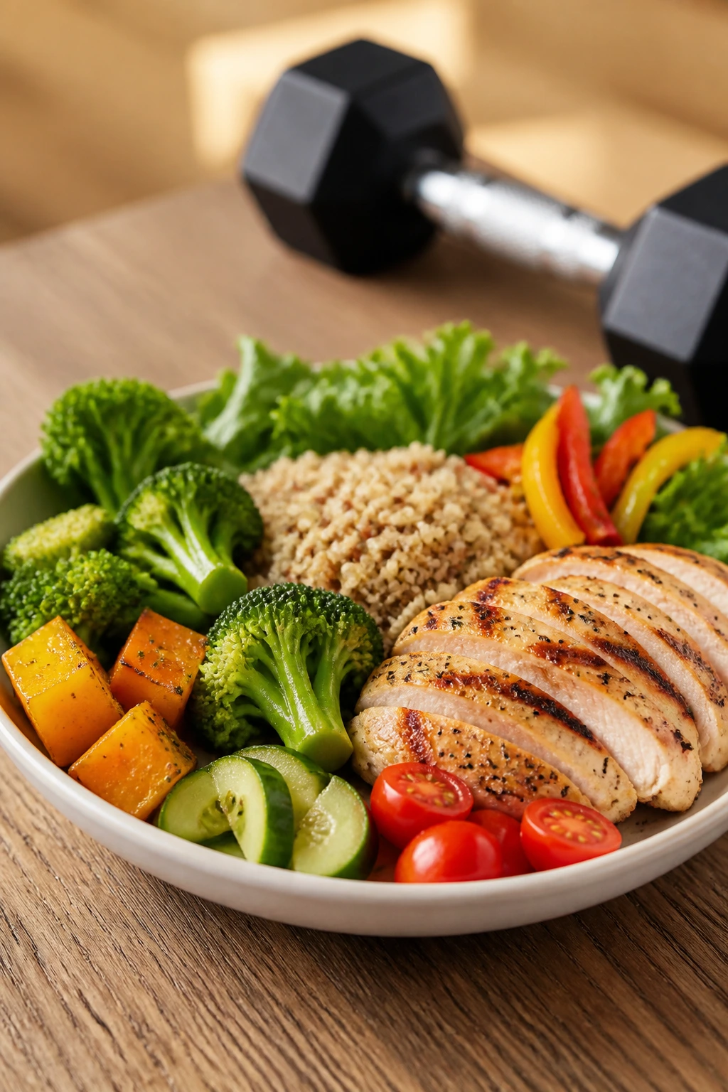 Close-up plate with balanced meal and blurred gym equipment