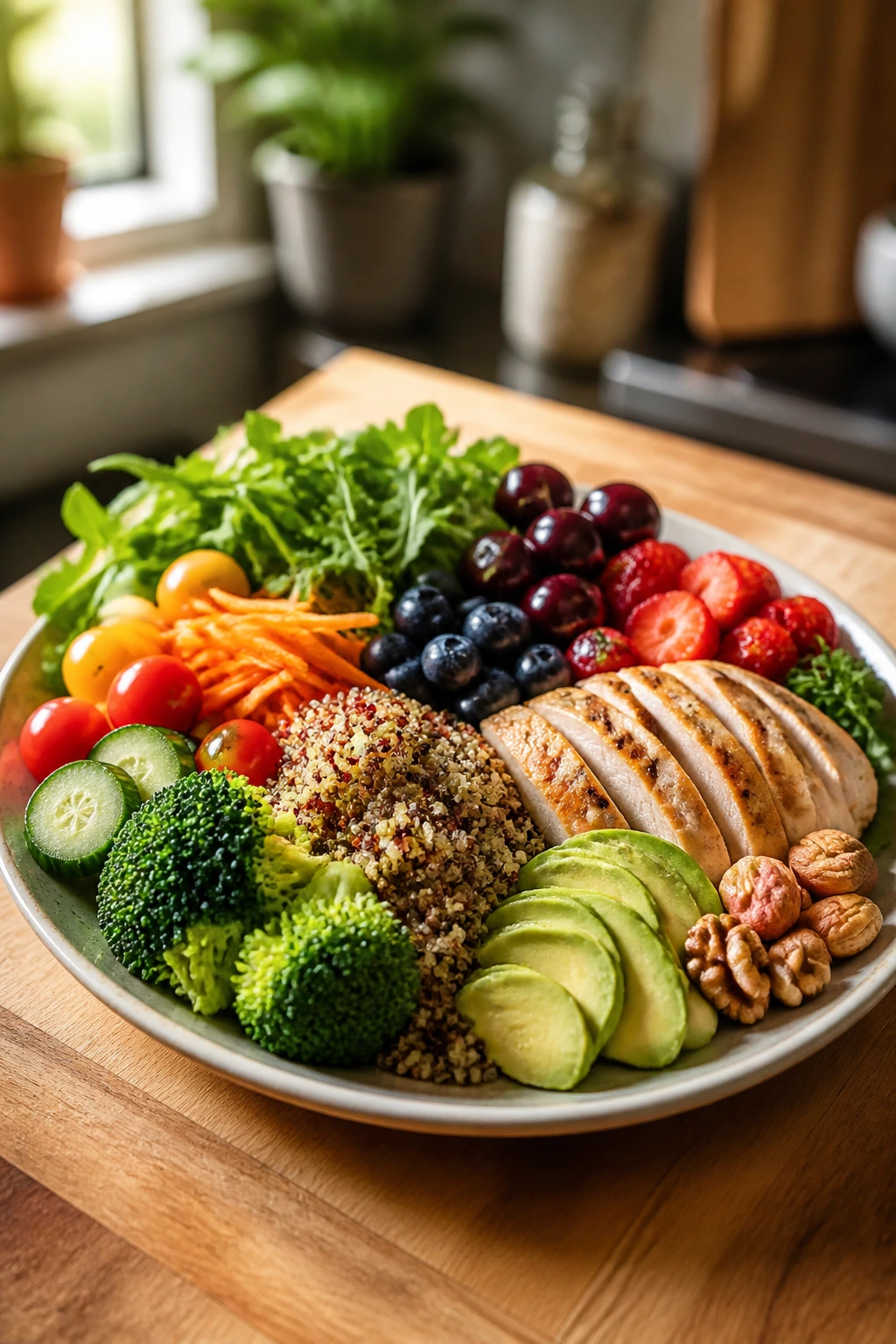 Close-up of a colorful balanced plate featuring fruits, vegetables, grains, and proteins in a warm kitchen.