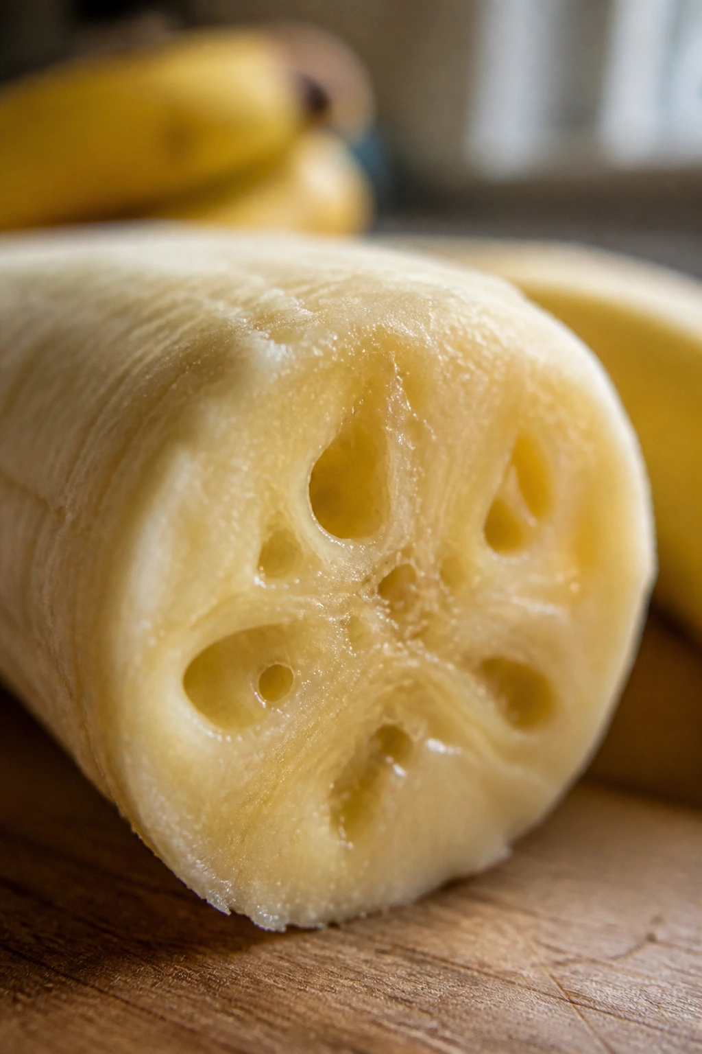 Do Bananas Float In Water? Yes And Here's Why 2 Macro cross-section of peeled banana showing air pockets and texture.