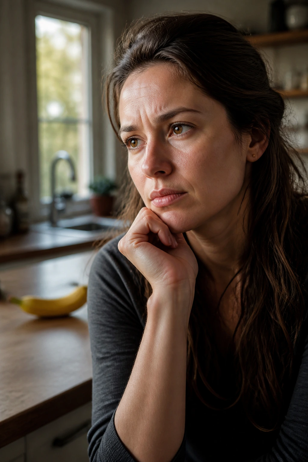 Close-up portrait of a person in a kitchen contemplating a banana, illustrating banana allergy concept.