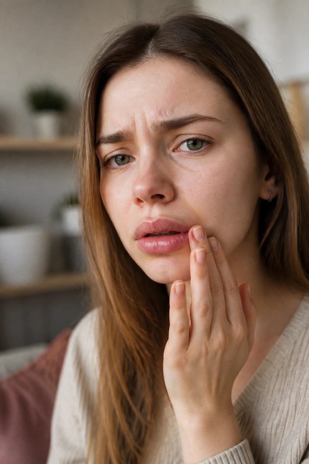 Close-up of a person showing mild lip swelling to illustrate banana allergy symptoms.