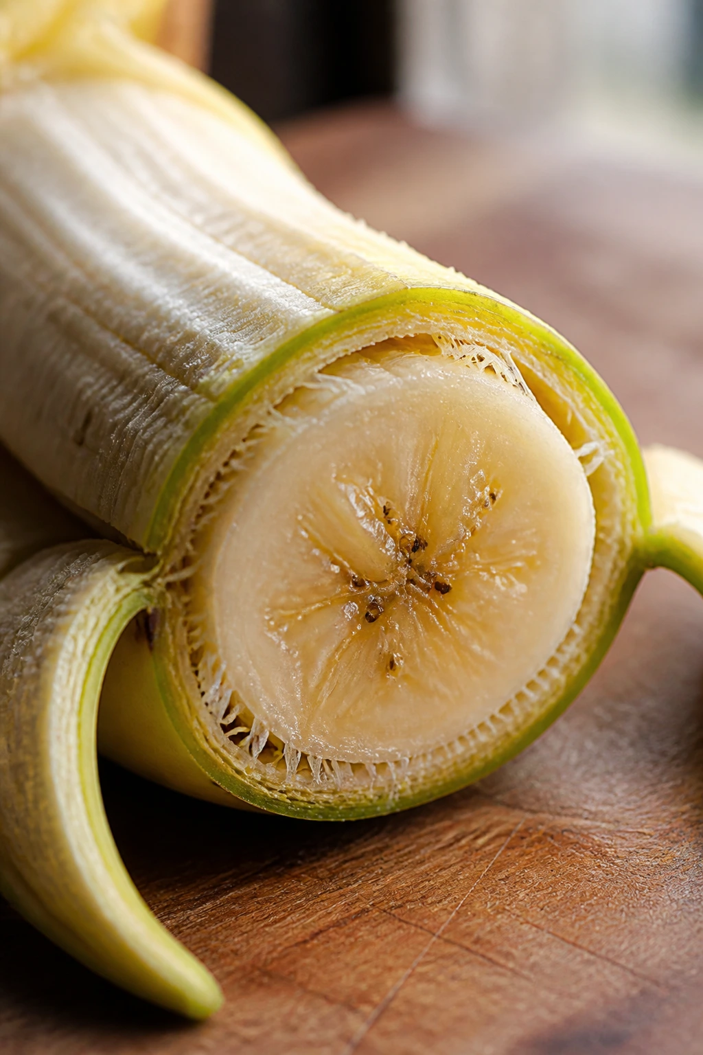 Close-up cross-section of a ripe banana showing peel, flesh, strings, and tiny seeds on a wooden board