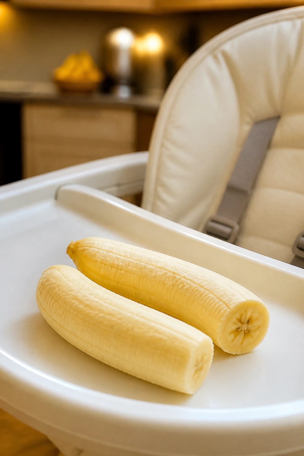 Banana halves on a high chair tray in a home setting.