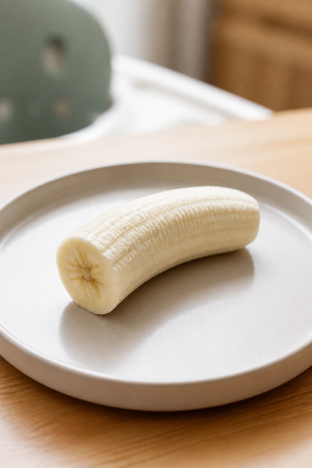 Peeled banana half on a baby-friendly plate, ready to mash.