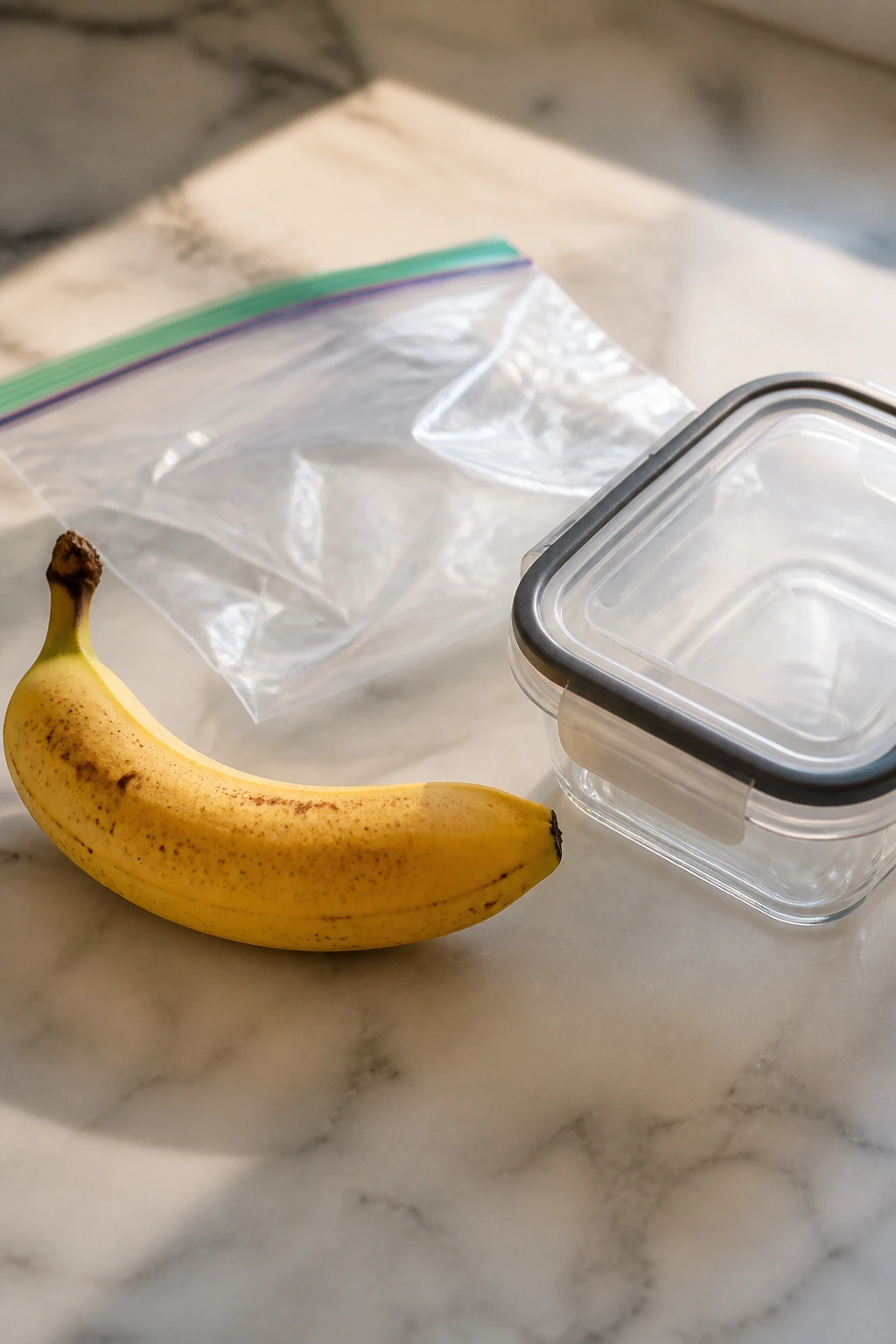 Mastering the Technique: How to Peel a Frozen Banana 1 Close-up of a ripe banana with a plastic bag and airtight container on a kitchen counter