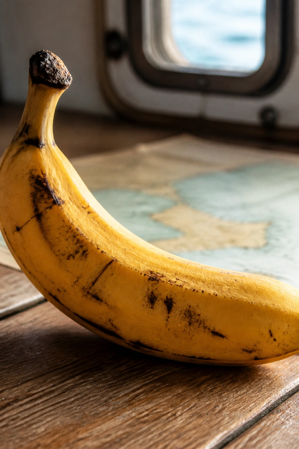 Sailing Folklore: Are Bananas Bad Luck On A Boat? 3 Close-up of a banana on a desk with a nautical chart in the background