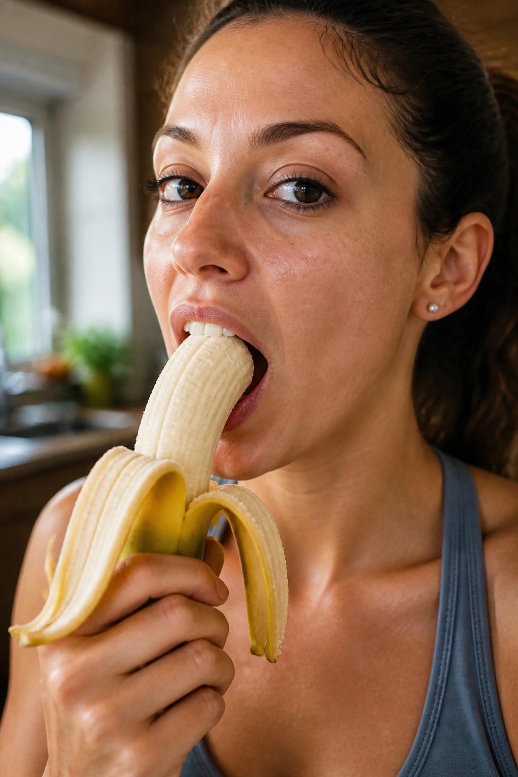 Close-up of a real person biting a ripe banana in a warm kitchen