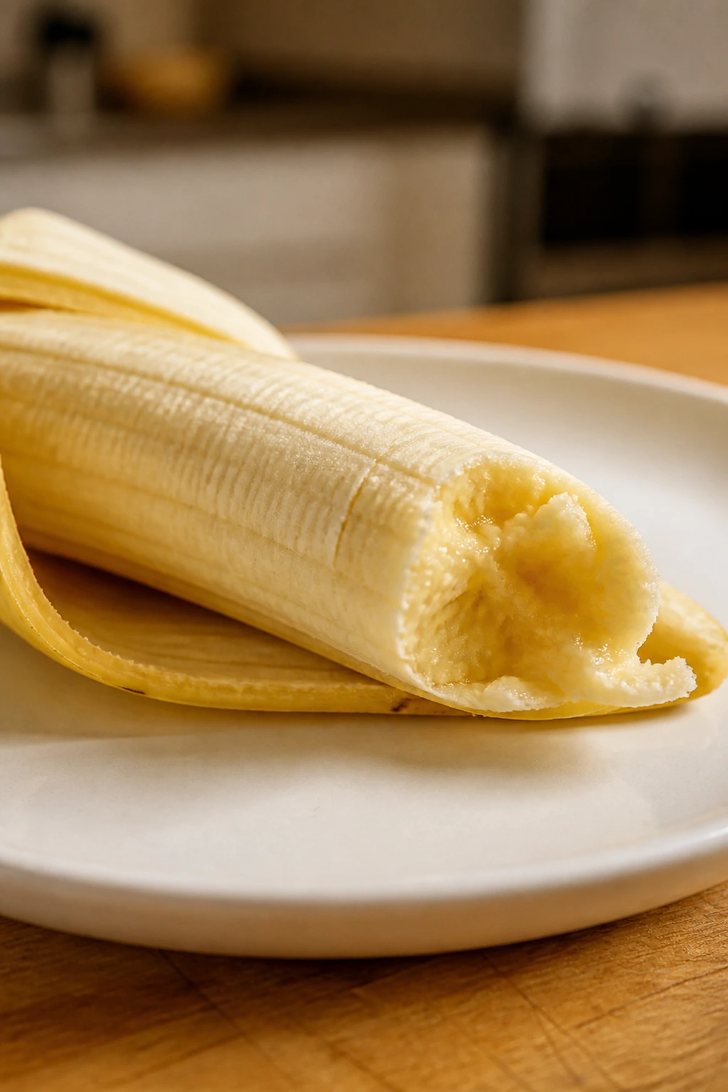 Can You Microwave a Banana? What Happens If You Microwave It? 5 Peeled warm banana on plate with a bite taken in a kitchen setting