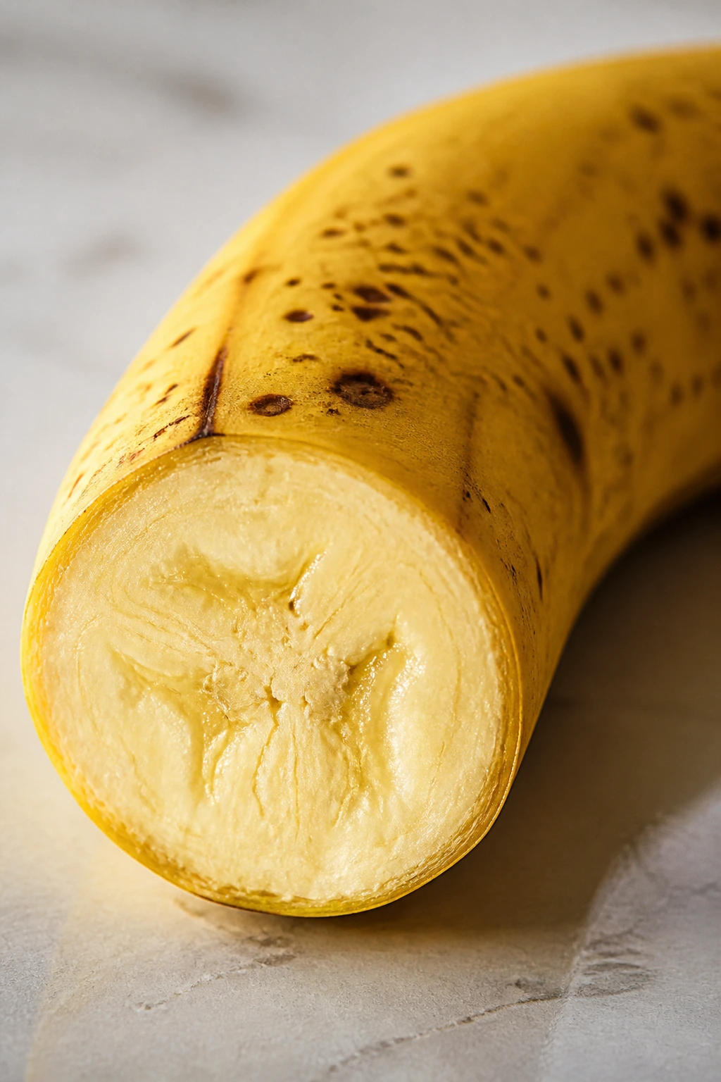 Close-up of a banana on a counter with soft natural light