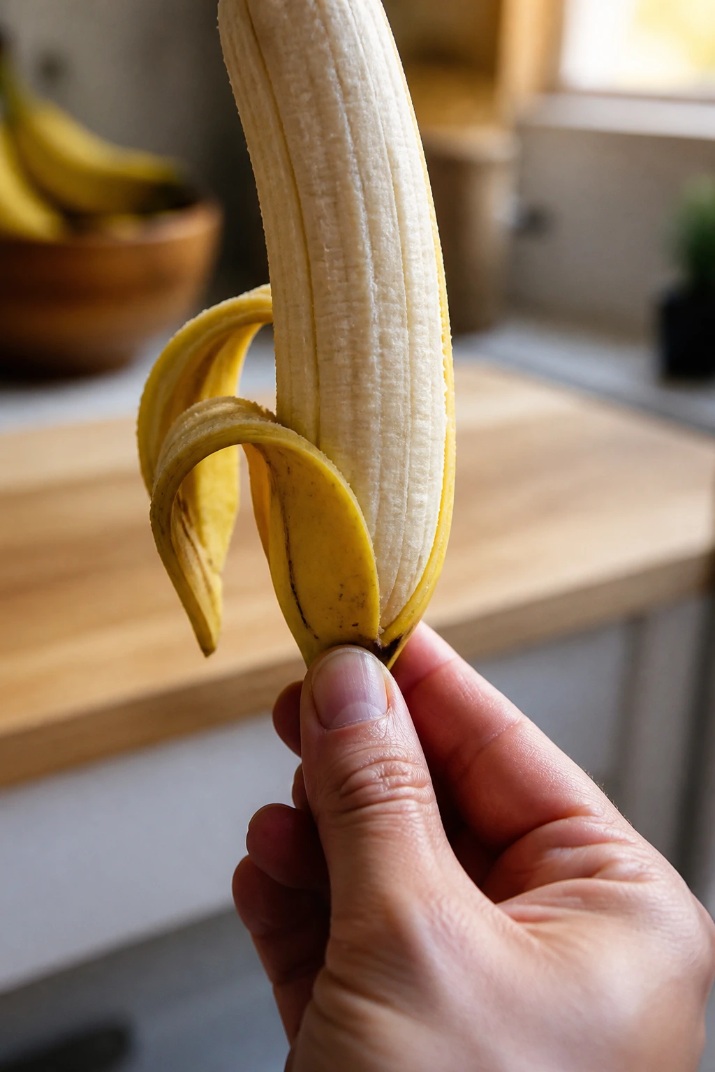 Close-up of a banana being peeled from the bottom with the peel starting to split