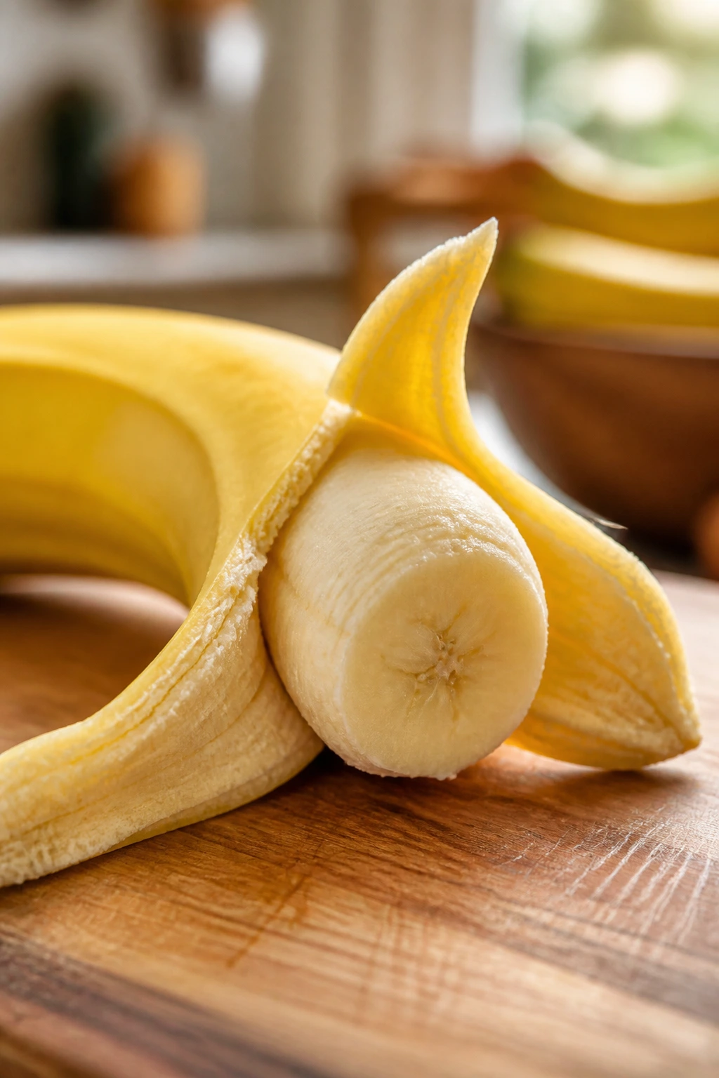 Close-up of a banana peeled from the bottom showing clean fruit with no strings