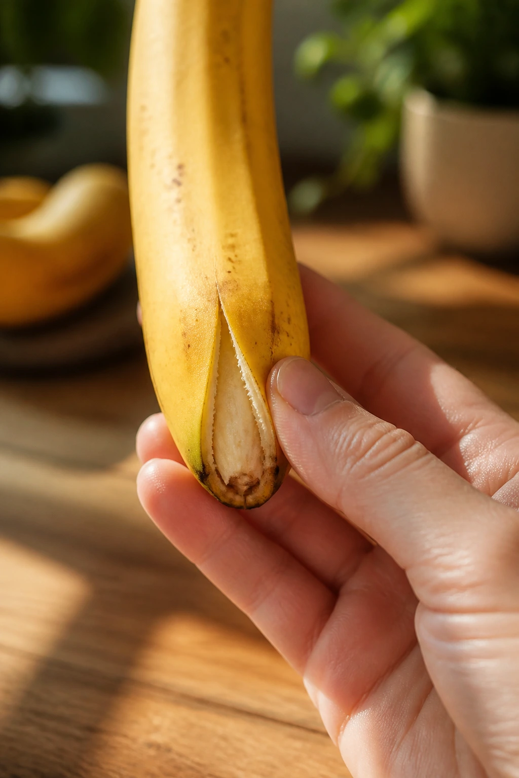 Hand squeezing banana bottom to begin peeling