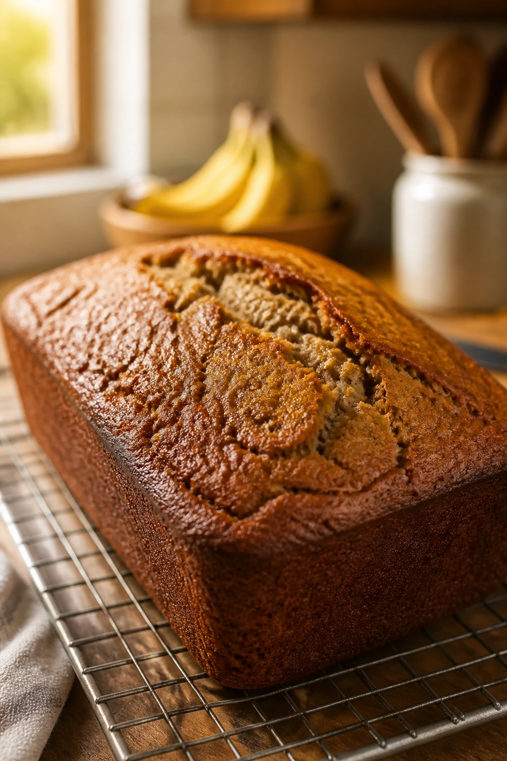 Close-up of a golden banana bread loaf cooling on a wire rack in a sunlit kitchen