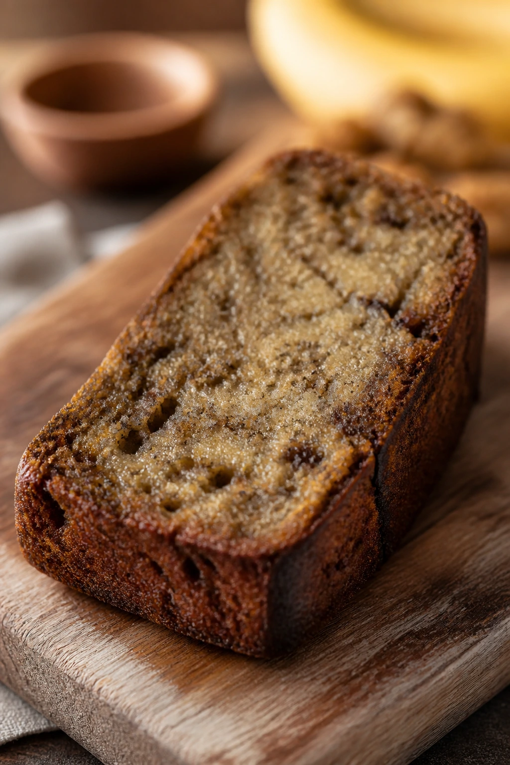 Close-up of a banana bread slice on a wooden board in a warm kitchen