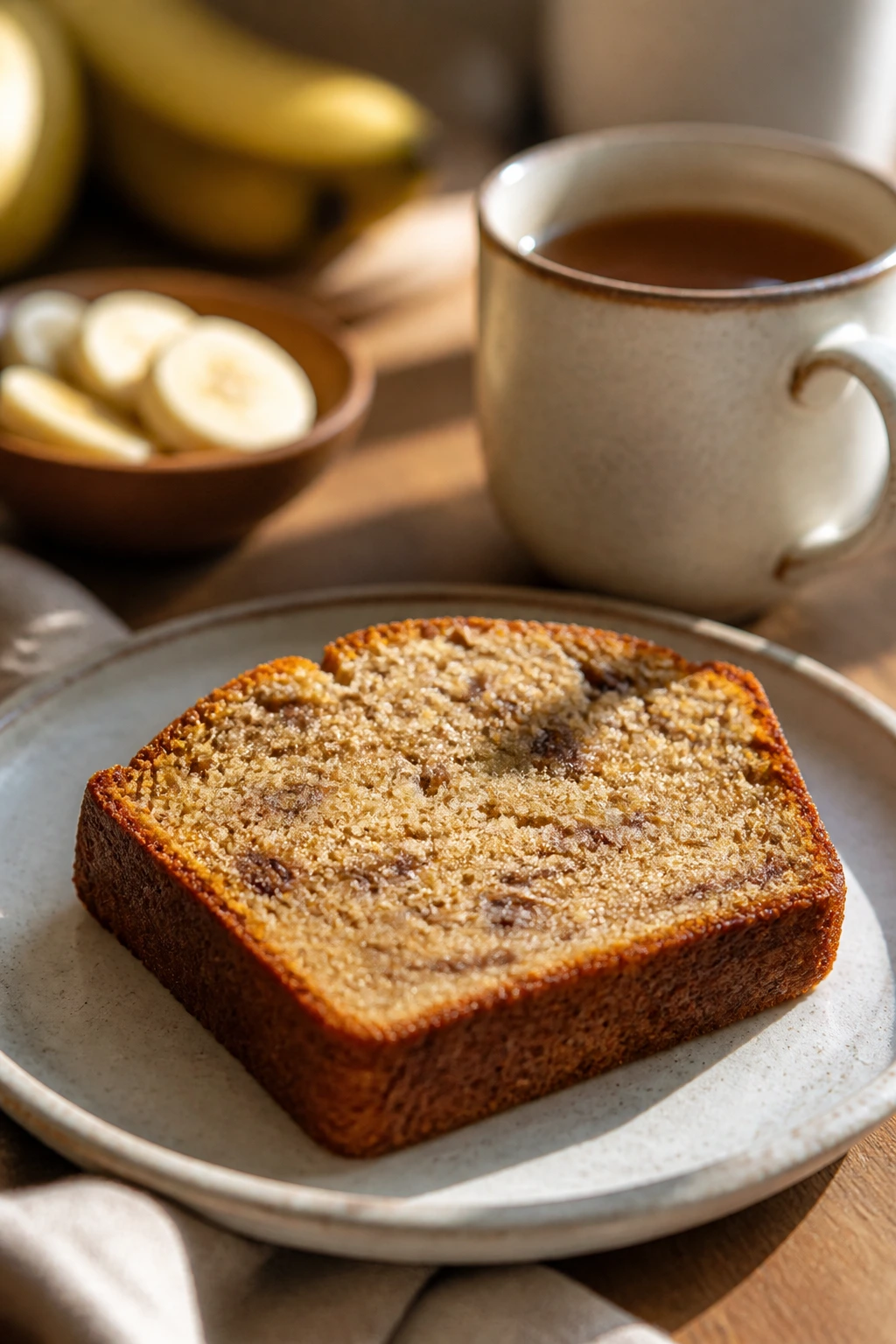 Banana bread slice on plate in breakfast scene