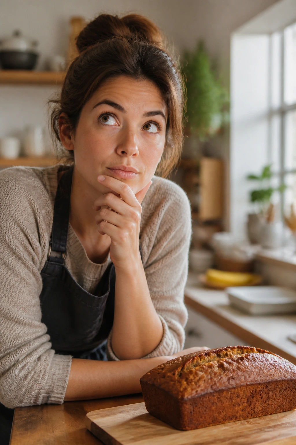 Portrait of a real person in a cozy kitchen with banana bread in the background