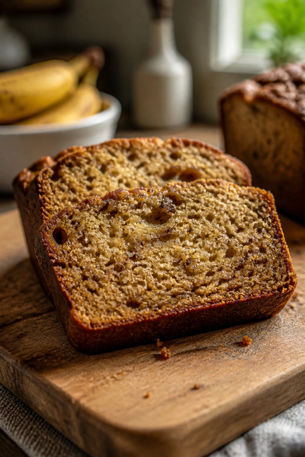 Moist banana bread slice on wooden board in warm kitchen